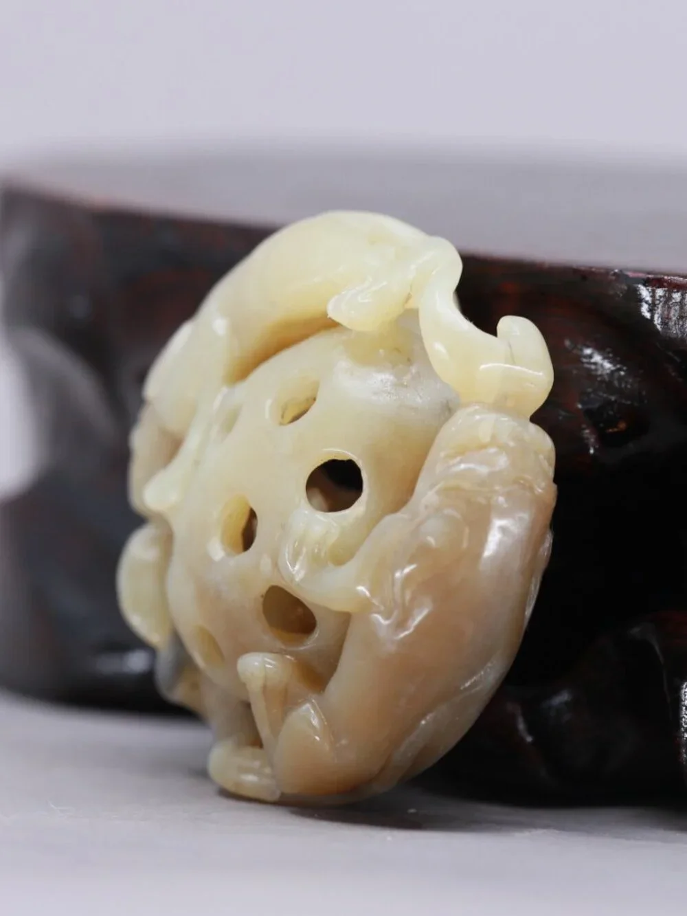 Openwork Chinese Brown Sugar Hetian Jade Pendant w Foo Dog & Ball